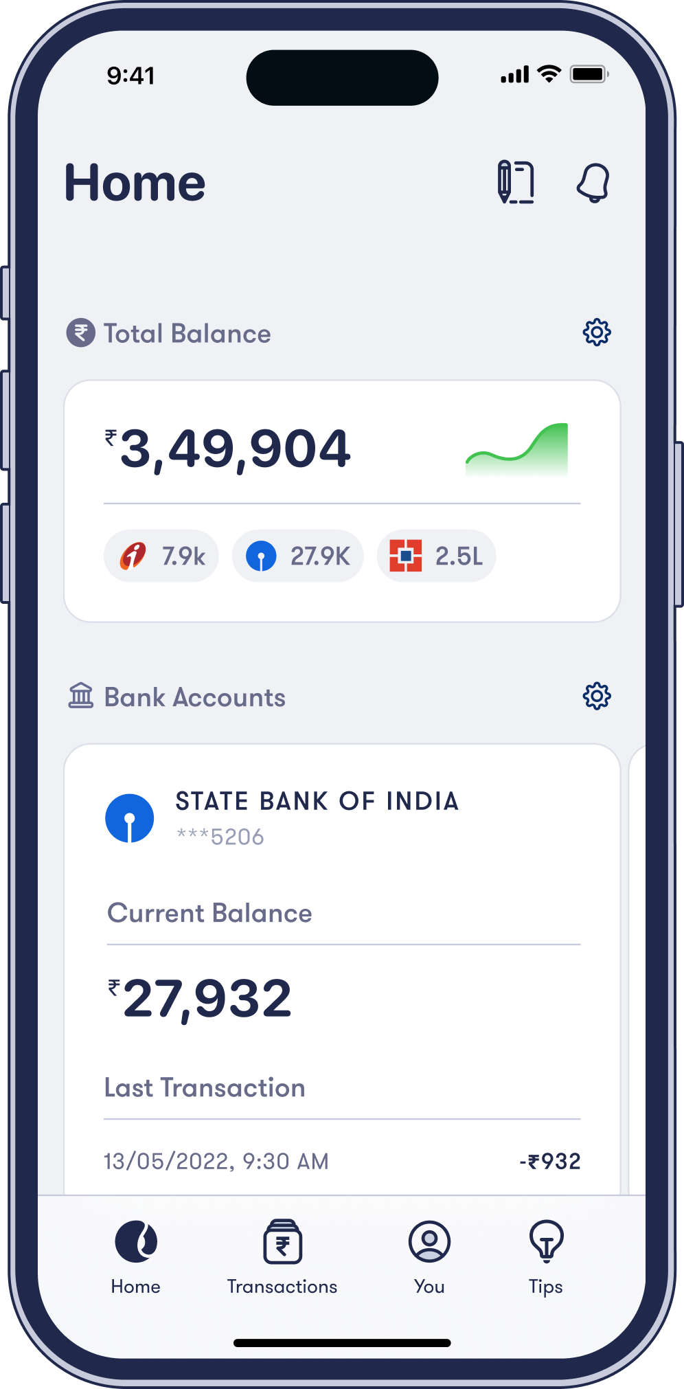 Screenshot of Fold Track ios App, it is wrapped by iPhone 14 frame. in the app it shows home view with navbar with menu items home, transactions, you, and tips. In the home view two widgets are in the view, first widget Total Balance shows total balance in rupees with a mini graph toh show trend of total balance over the time. it also shows the bank accounts which are used to calculate this amount with their individual balances in small pills. Second widget is Bank Accounts widget showing State Bank of india with name and logo with account number, current balance, and last 3 transactions. both widgets have settings button to customize them